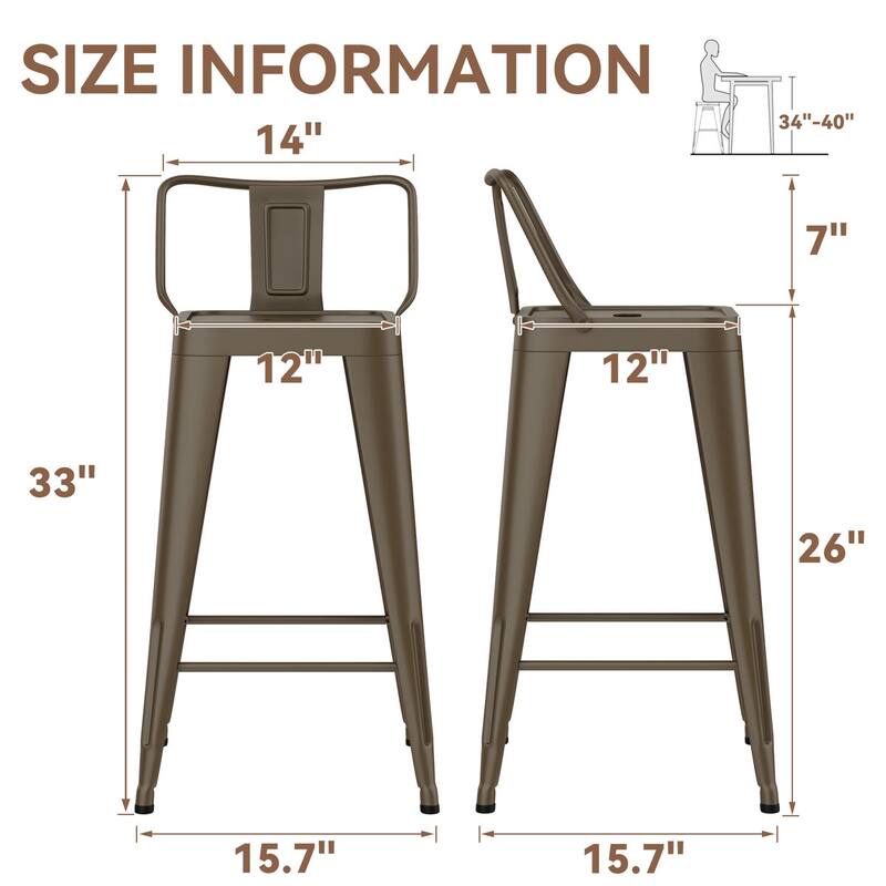 Metal Counter & Bar Stools Set of 4, 26" and 30" Seat Height Barstools with Metal Frame and Low Back for Kitchen lsland
