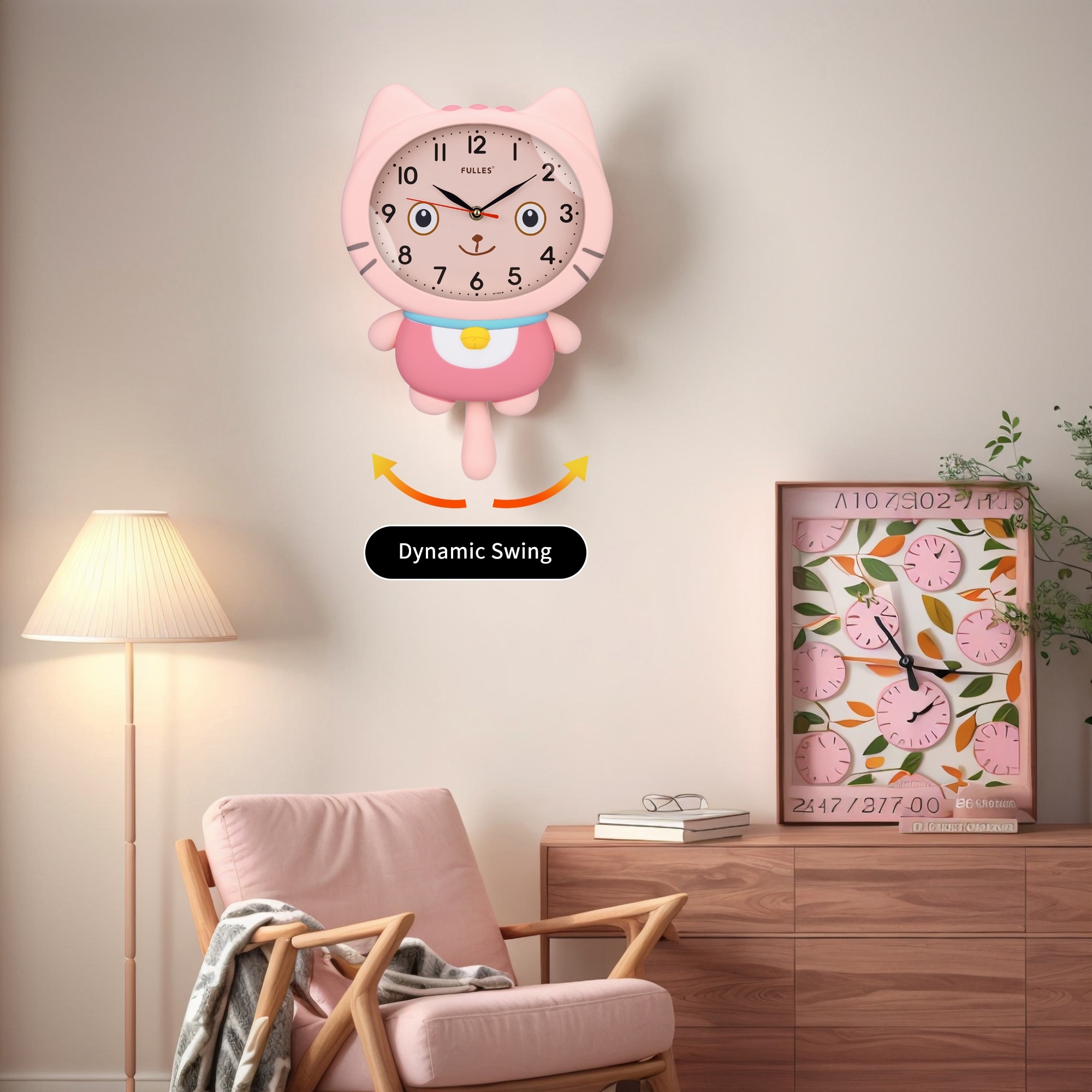 Cartoon Cat Wall Clock with Bell Decor,Silent,Battery Operated for Living Room Office Bedroom Playroom - 15 x 10 x 2.4 inch