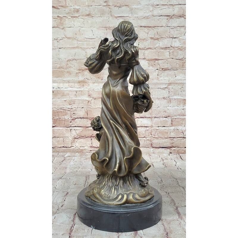 Young Woman W/ Flower Basket Winged Cherub Child - Bronze Sculpture By Milo