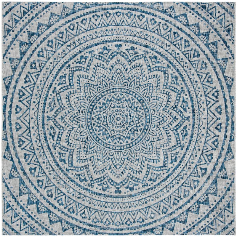 SAFAVIEH Courtyard Fran Mandala Indoor/ Outdoor Waterproof Patio Backyard Rug - 6'7" Square - Light Grey/Blue