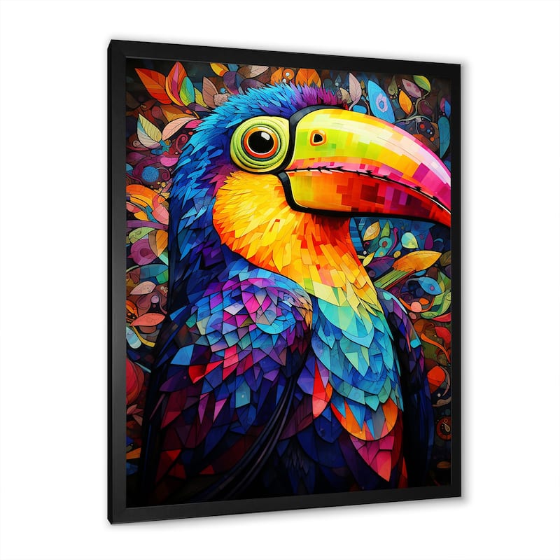 Designart "Yellow And Blue Tropical Toucan Jungle I" Toucan Wall Decor Blue - Traditional Living Room Framed Canvas Art