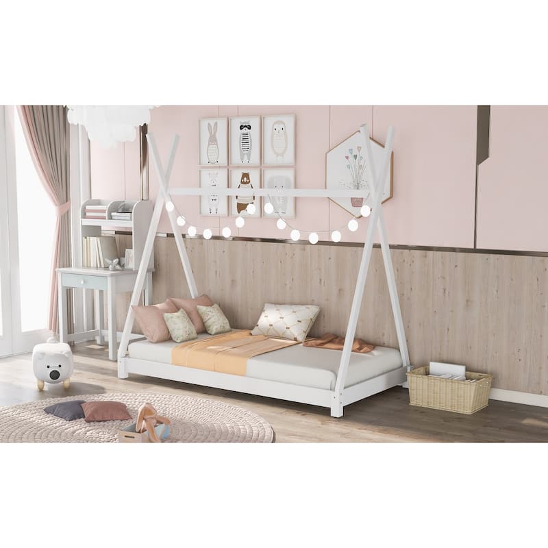 Twin Size House Platform bed with Triangle tructure,White