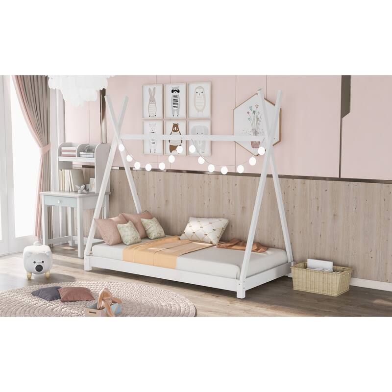 White Twin Size House Platform Bed with Triangle Structure for Kids