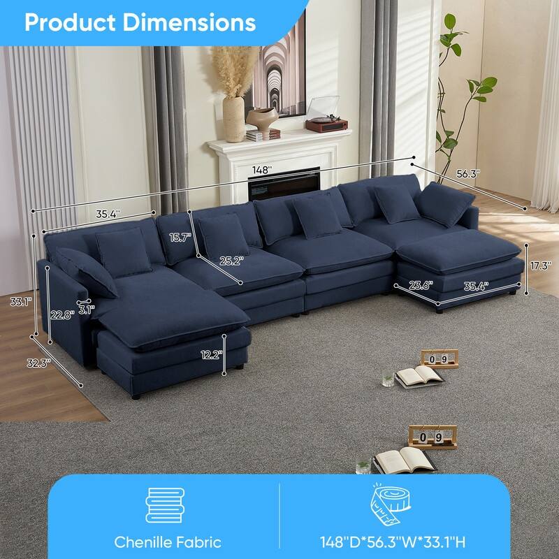 Mixoy 148''Oversized Modular Sectional Sofa, U-Shaped 6-Seater Chenille Upholstered Deep Seat Sofa with 2 Movable Ottomans - 4+2