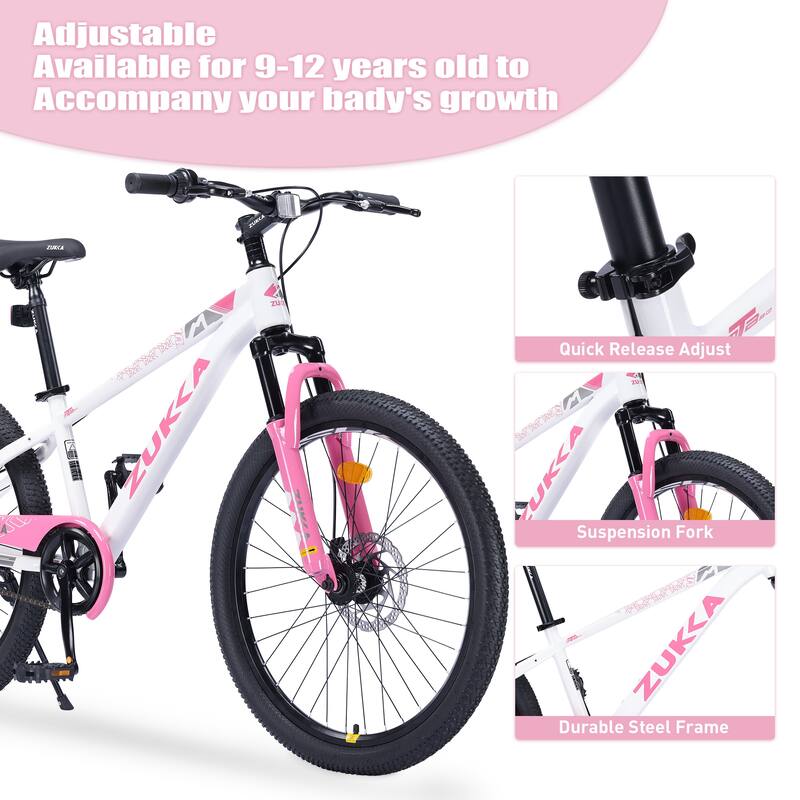 Mountain Cycling Bike 24 Inch Road Commuting Kids Bicycle with Dual Disc Brakes and Shock-Absorbing Fork for Boys and Girls