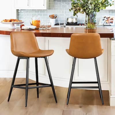 LUE BONA Metal Frame Bar Stools Counter Height Stools with Faux Leather Seat (Set of 2)