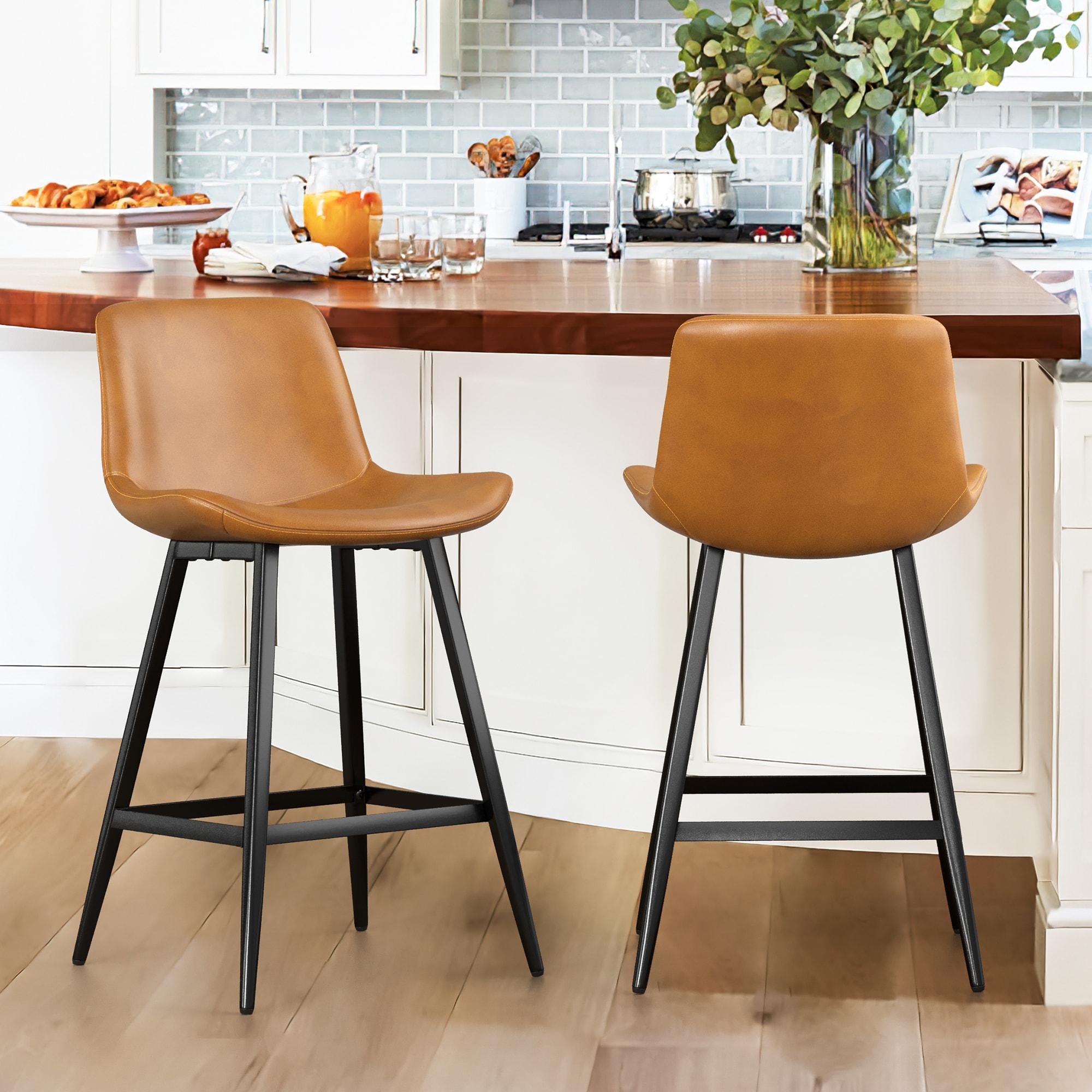 LUE BONA Metal Frame Bar Stools Counter Height Stools with Faux Leather ...