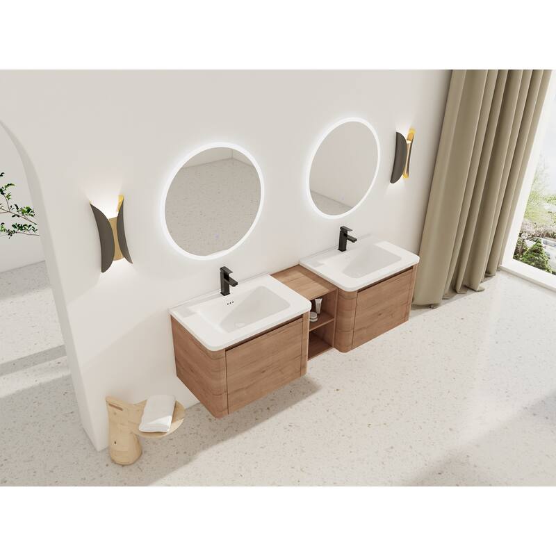 68'' Wall-Mounted Bathroom Vanity with White Ceramic Sink and Storage Shelves & 1-Soft-Close Door, KD-Packing, Plywood