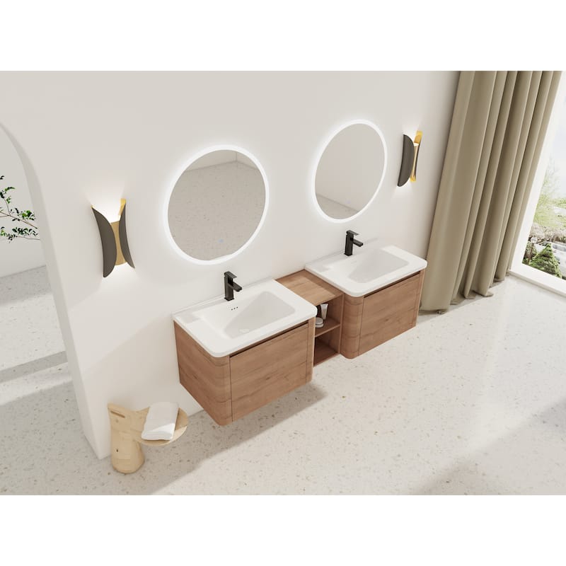 Wall-Mounted Bathroom Vanity with Ceramic Sink and Storage Shelves
