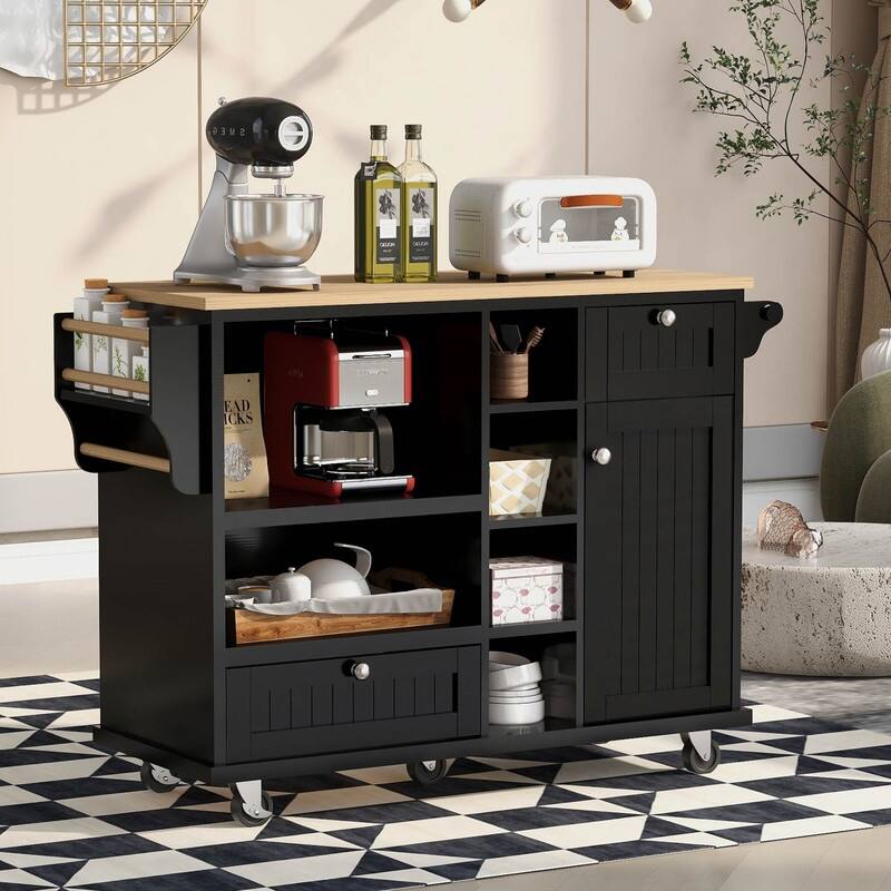 Solid wood Kitchen Island Cart with Storage and Two Locking