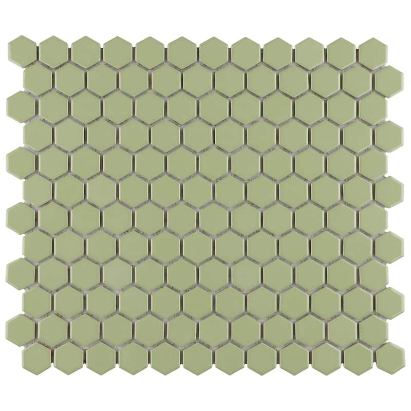 SomerTile Metro Hex 1" Glossy Olive 11.86" x10.25" Porcelain Mosaic Floor and Wall Tile