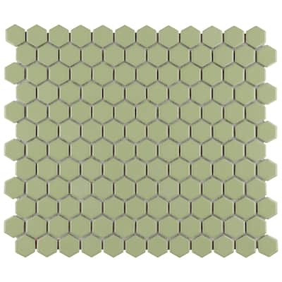 SomerTile Metro Hex 1" Glossy Olive 11.86" x10.25" Porcelain Mosaic Floor and Wall Tile