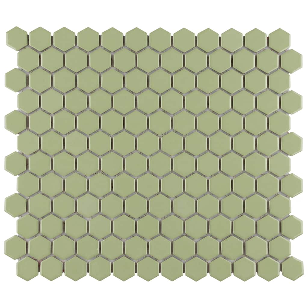 SomerTile Metro Hex 1" Glossy Olive 11.86" x10.25" Porcelain Mosaic Floor and Wall Tile