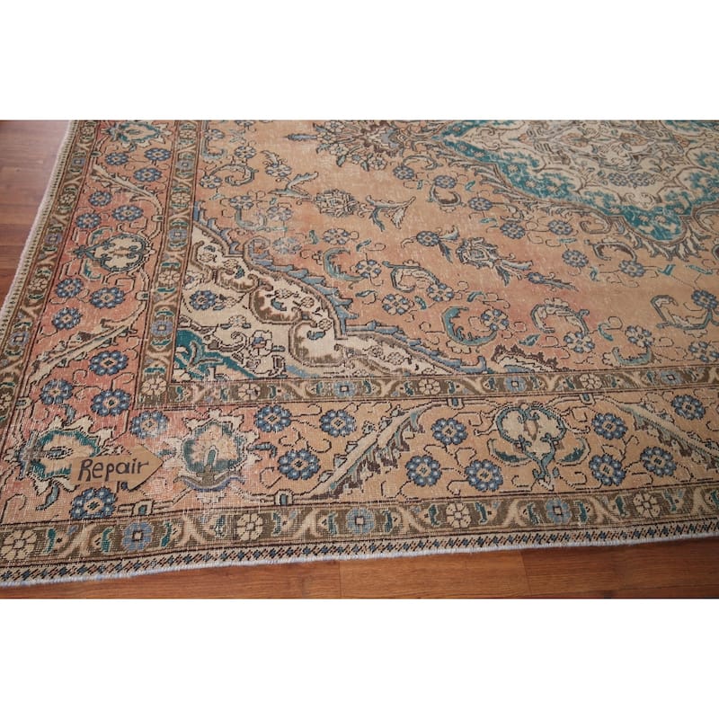 Distressed Tabriz Vintage Persian Rug Dining Room Handmade Wool Carpet - 9'3" x 12'9"