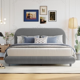 Curved Design Teddy Fleece Upholstered Platform Bed Frame, Queen, Grey
