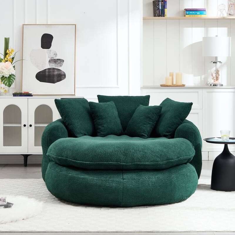 Oversized Oval Upholstered Bean Bag Sofa, Lazy Sofa with 3 Large Pillows and 2 Small Pillows, Wrap Around Backrest