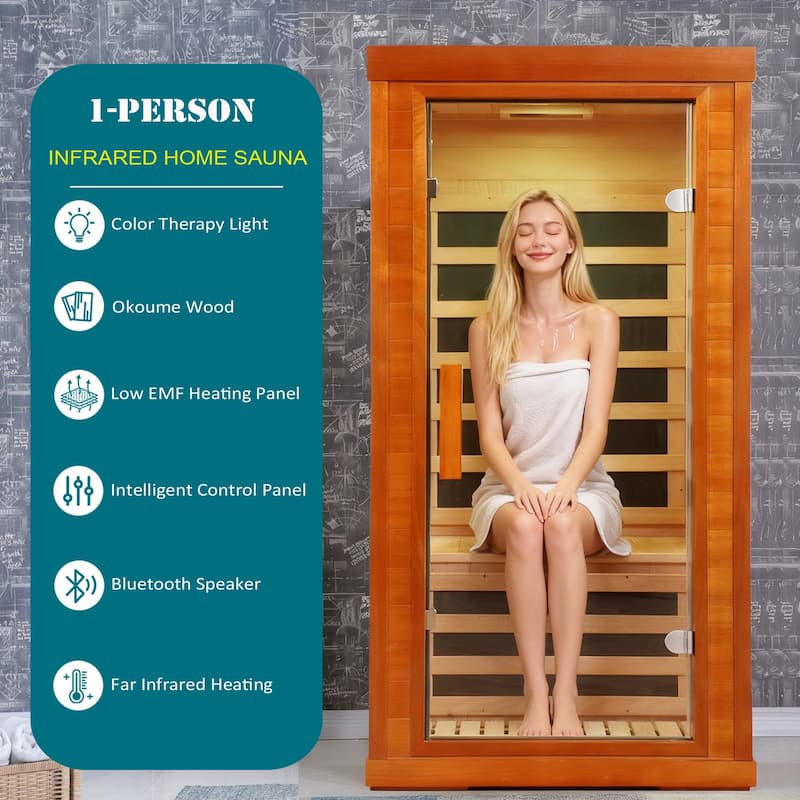 1 Person Far Infrared Sauna Low EMF Carbon Fiber Heating Okoume Wood Home Spa with Bluetooth - N/A