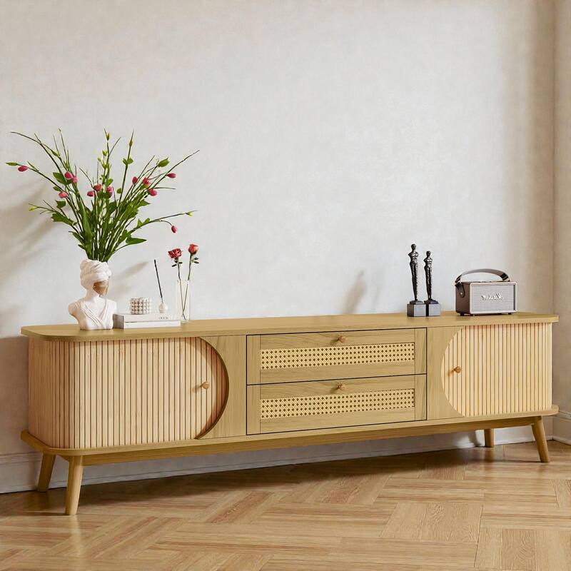 Modern Farmhouse Rattan TV Stand for TVs up to 75'', Media Console with Solid Wood Legs and Storage Cabinets