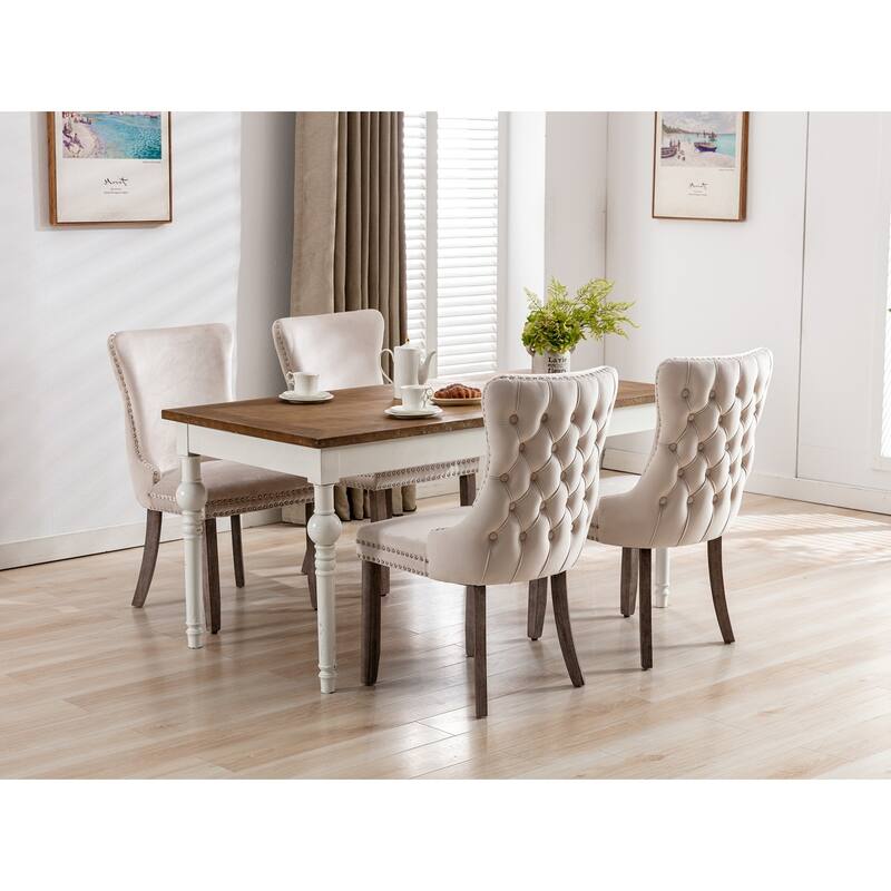 Velvet Upholstered Dining Chair Set of 2, Wing-Back Kitchen Chairs with Backstitching Nailhead Trim and Solid Wood Legs