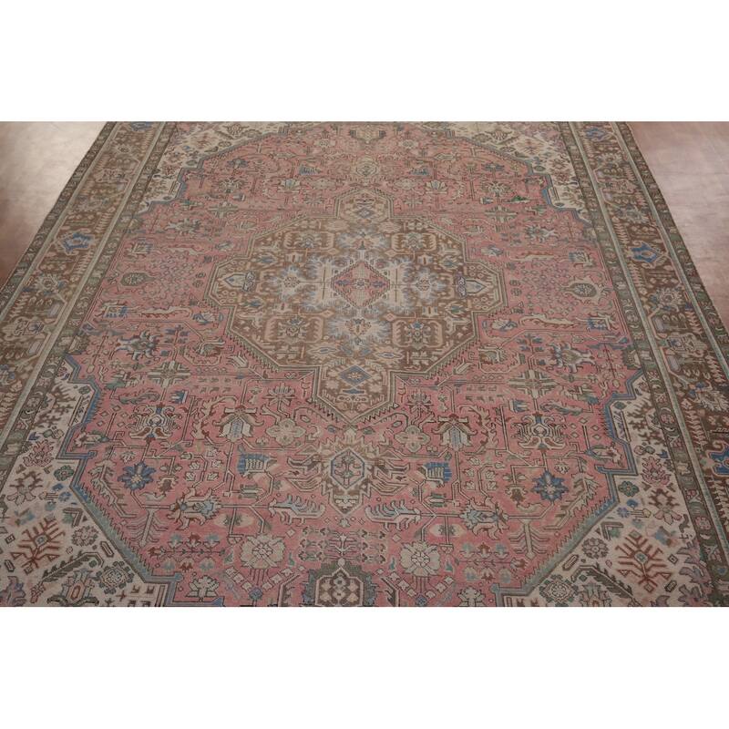Distressed Pink Tabriz Persian Vintage Rug Handmade Wool Carpet - 9'8" x 12'8"