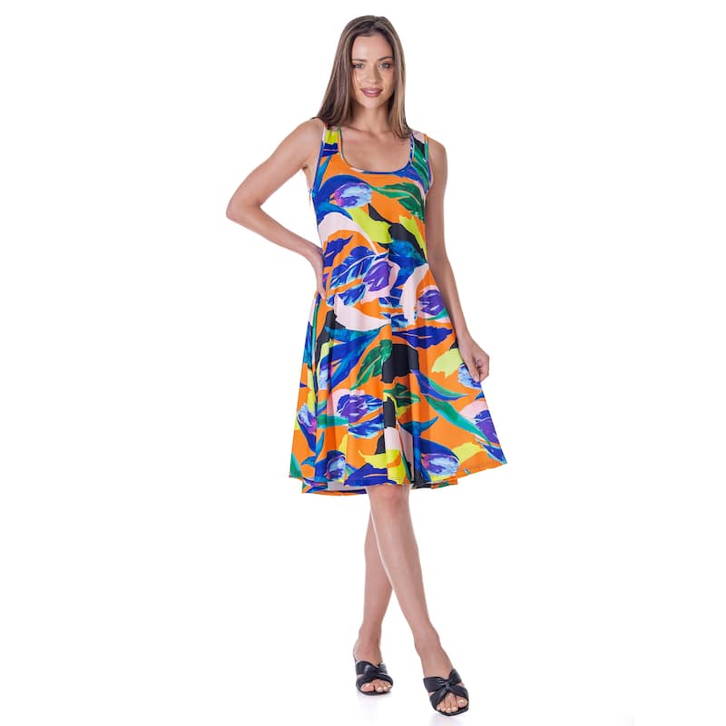 24seven Comfort Apparel Womens Multicolor Sleeveless Knee Length Tank Swing Dress - Orange/Yellow - M
