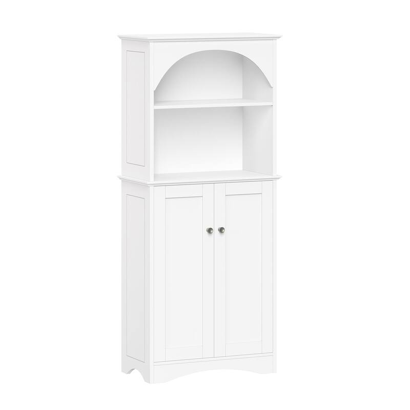 Two-Door Tall Kitchen Storage Cabinet with Open Shelves - White