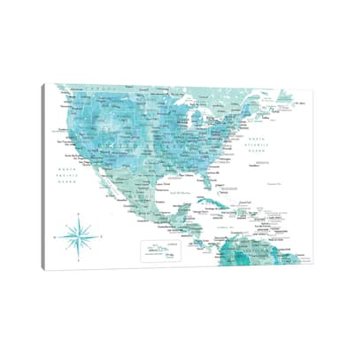 iCanvas "Map Of The Usa And The Caribbean Area In Aquamarine Watercolor" by blursbyai Canvas Print