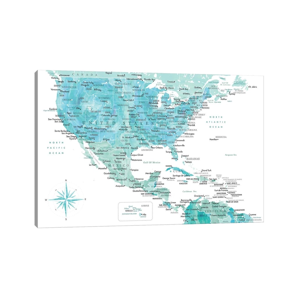 iCanvas "Map Of The Usa And The Caribbean Area In Aquamarine Watercolor" by blursbyai Canvas Print