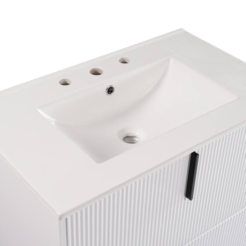 30" Bathroom Vanity with Ceramic Sink and Full-Extension Drawers, Soft Close Undermount Drawer Slides, Fluted Design
