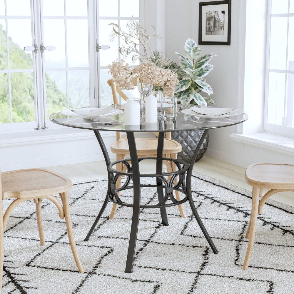 42 Round Glass Dining Table with Crescent Style Metal Frame On Sale Bed Bath Beyond 27085402