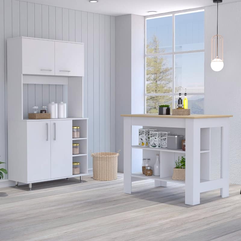 Ralston 7-Shelf 4-Door 2-piece Kitchen Set, Kitchen Island and Pantry Cabinet White and Light Oak - White