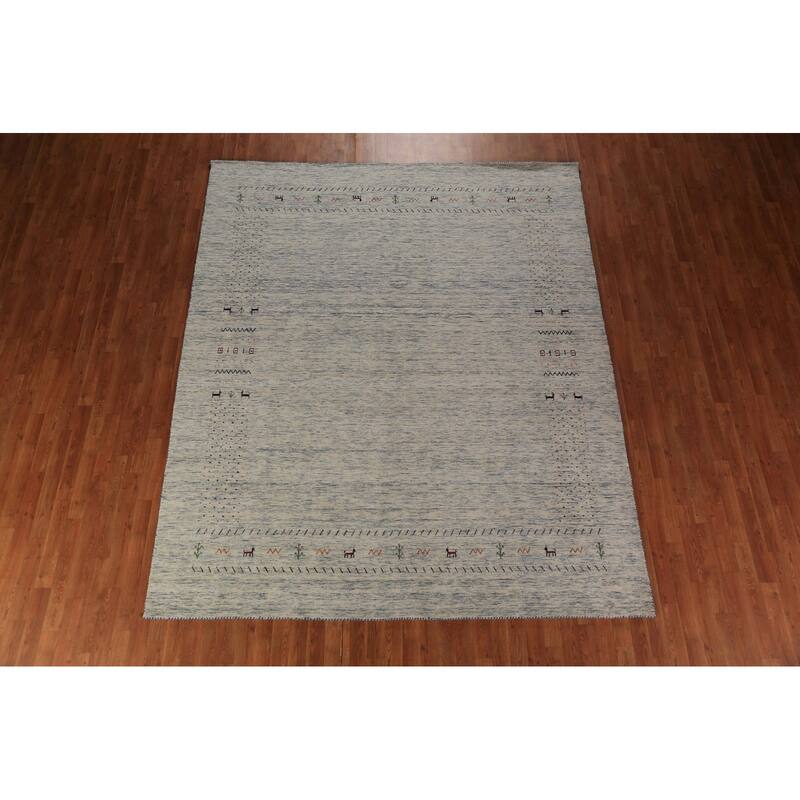 Ivory & Blue Tribal Gabbeh Oriental Area Rug Handmade Wool Carpet - 8'1"x 9'10"