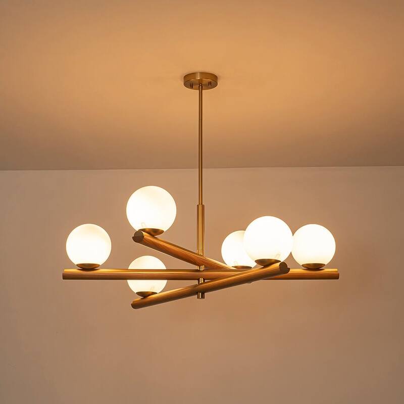 Mid-Century 6-Light Wood-trim Frosted Glass Linear Chandelier - 36.0 in