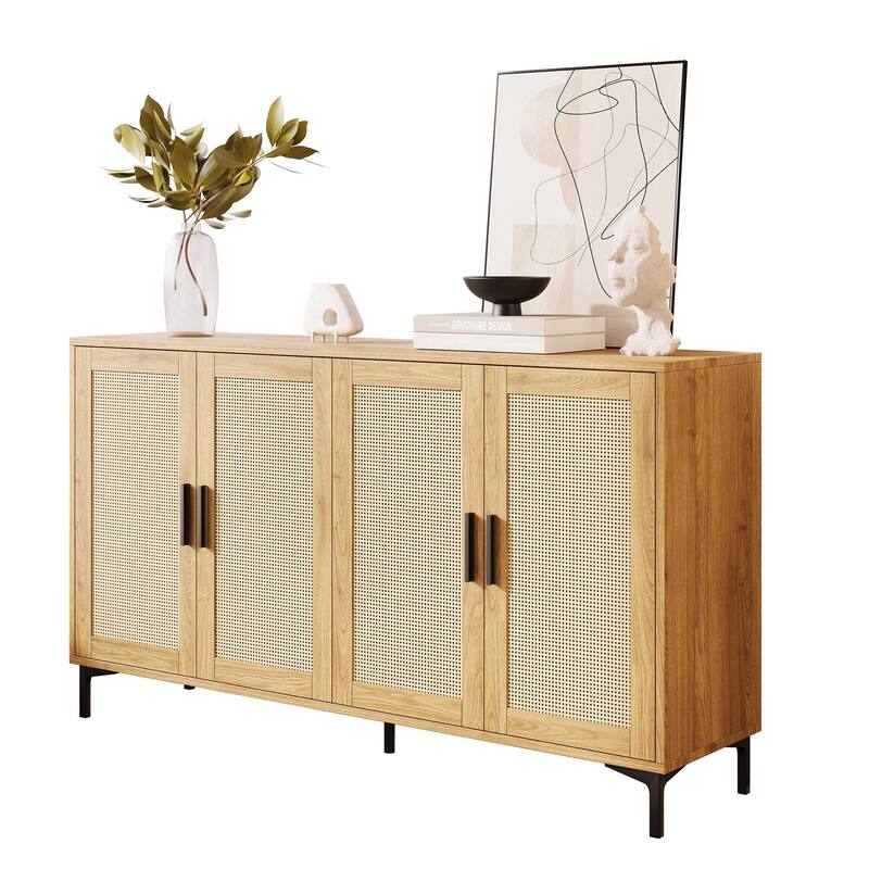 JASIWAY Buffet Table Kitchen Sideboard with Rattan Decorated Doors