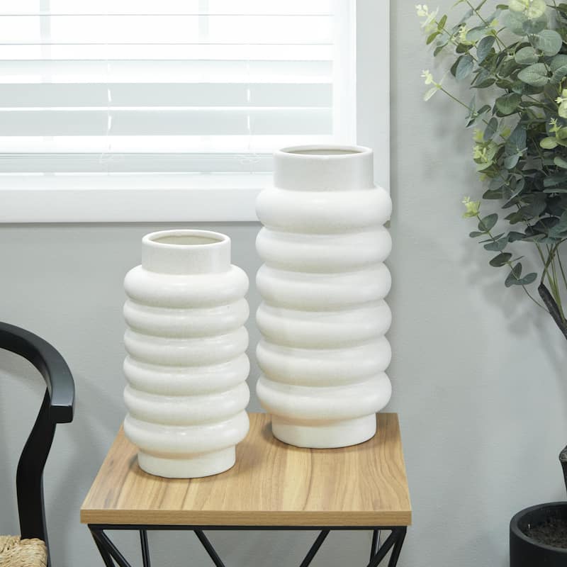 Ceramic Decorative Vase with Ring Ribbing - Set of 2 White, Yellow, Dark Blue - CosmoLiving by Cosmopolitan