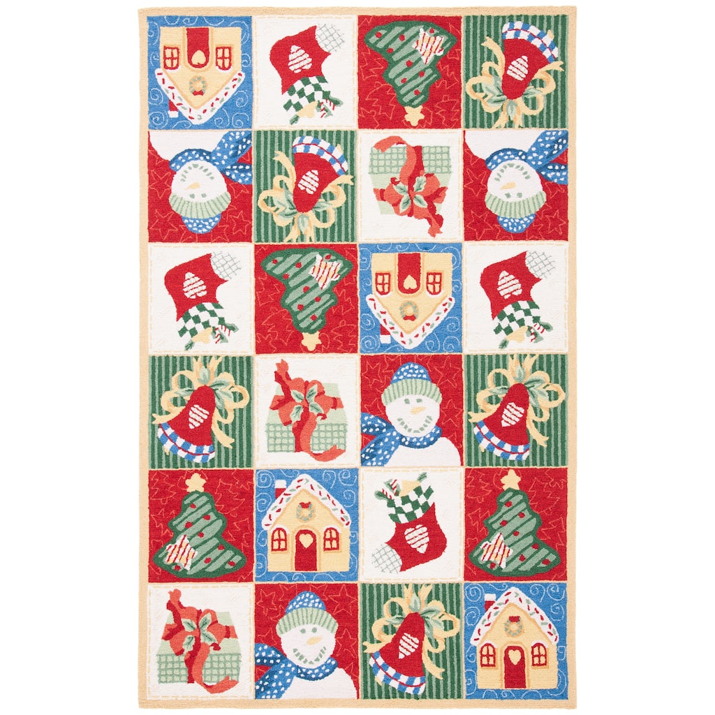 SAFAVIEH Handmade Chelsea Asha Novelty Christmas Wool Rug - White/Multi - 3'9" x 5'9"