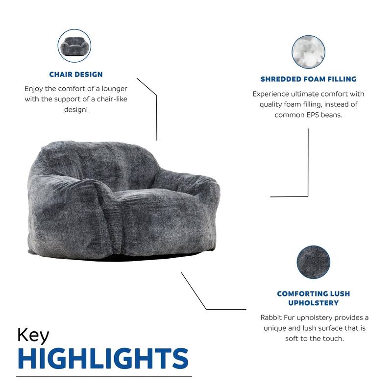 Faux Fur Deep Seat Bean Bag Chair, Memory Foam Filled Lounger Sofa Chair, Adults Bean Bag Sofa with Curved Armrest
