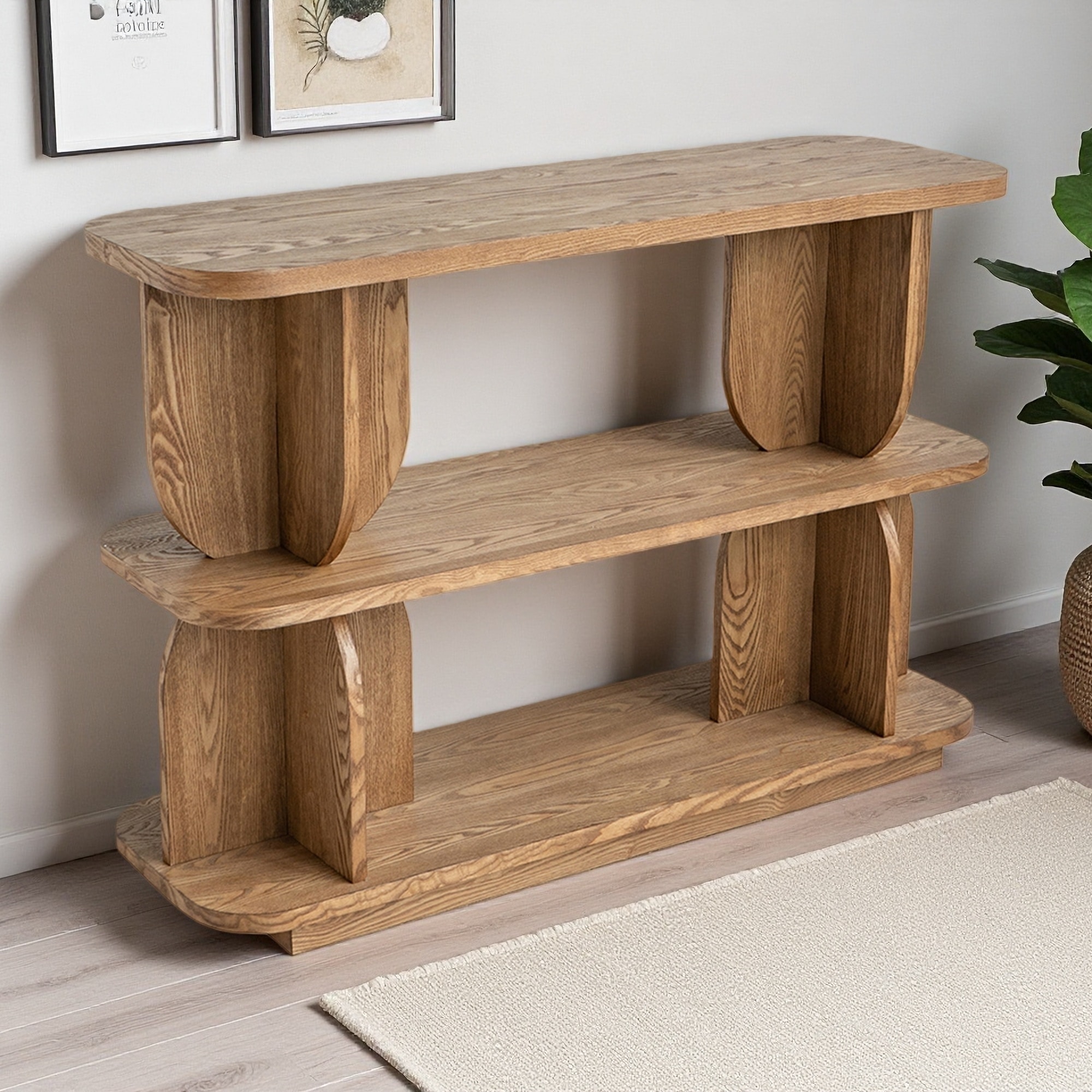 32.5"H 3-Tier Wooden Shelf, Decorative MDF Columns, Entryway or Living Room