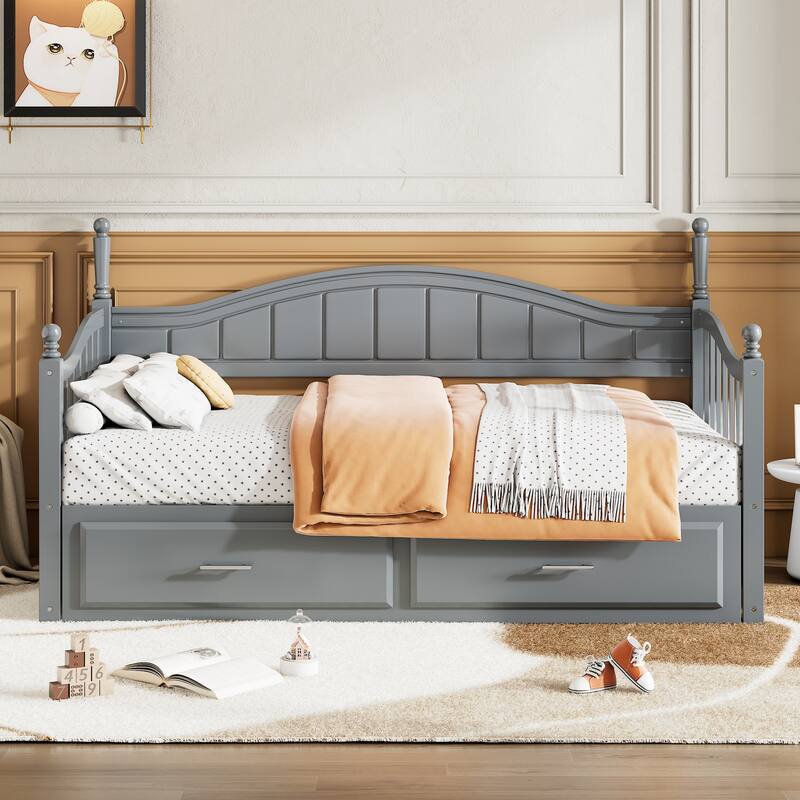 Twin to Full Extendable Daybed with Pull-out Trundle Bed & 2 Storage Drawers, Arc Shaped Hollow Huardrails on Both Sides - Gray - Twin