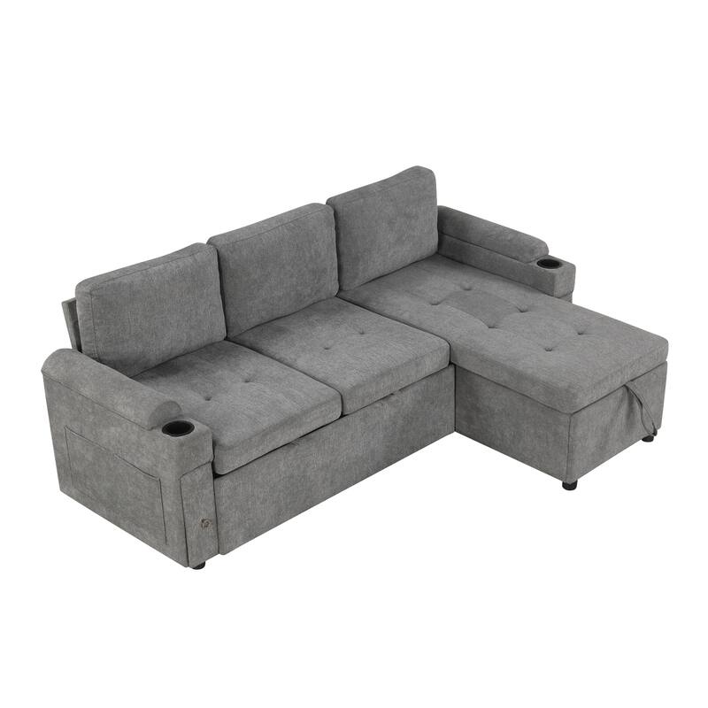 L-Shaped Convertible Sofa Bed with Reversible Chaise Lounge, Chenille Fabric Sectional Sofa with 2 Cup Holders & 2 USB Ports