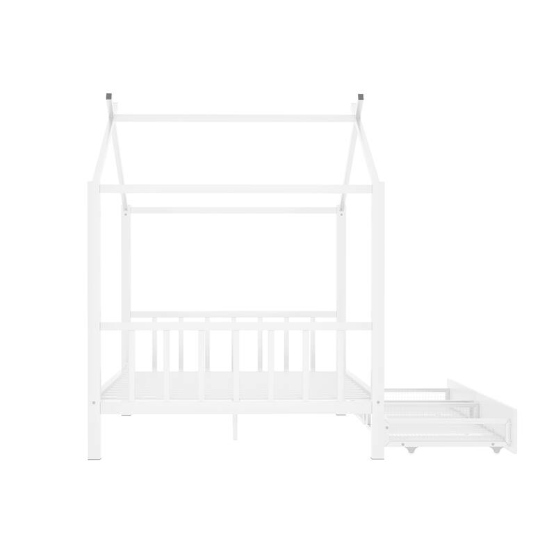 Full Size Metal House Platform Bed with Two Drawers,Headboard and Footboard,Roof Design