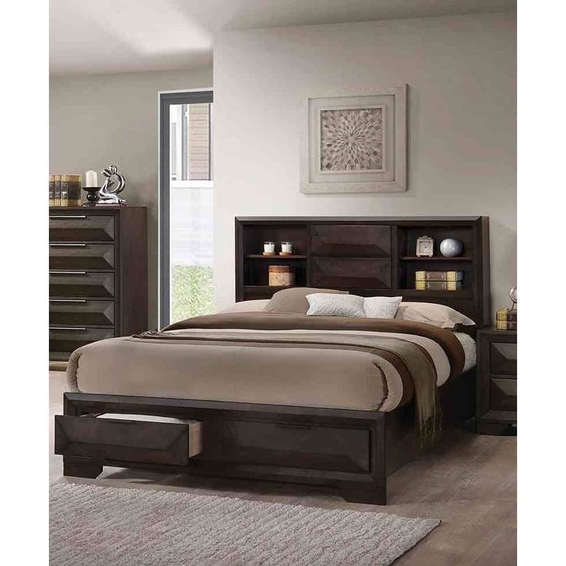 1pc Transitional Espresso Finish Bed Bookcase Headboard Footboard Storage
