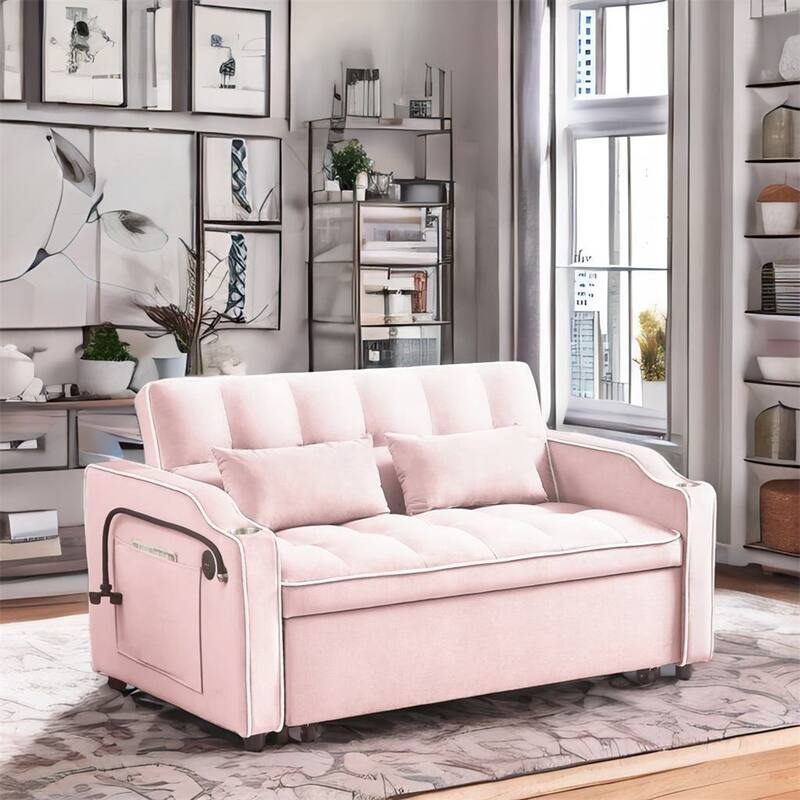 Versatile Foldable Sofa Bed in 3 Lengths,Adjustable Back w/ USB - Pink