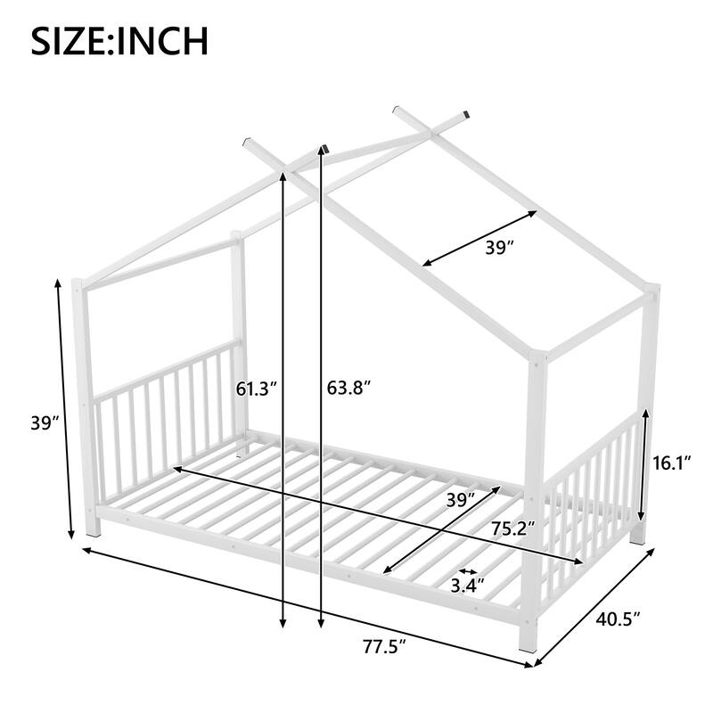 Roomfitters Twin Size Metal House Platform Bed Frame with Modern Minimalist Style and Guardrail