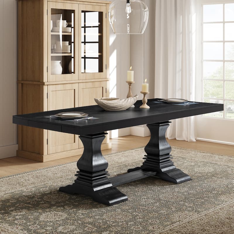 Pawel 86" Farmhouse Double Pedestal Dining Table with Two Built-in Divided Drawers by HULALA HOME