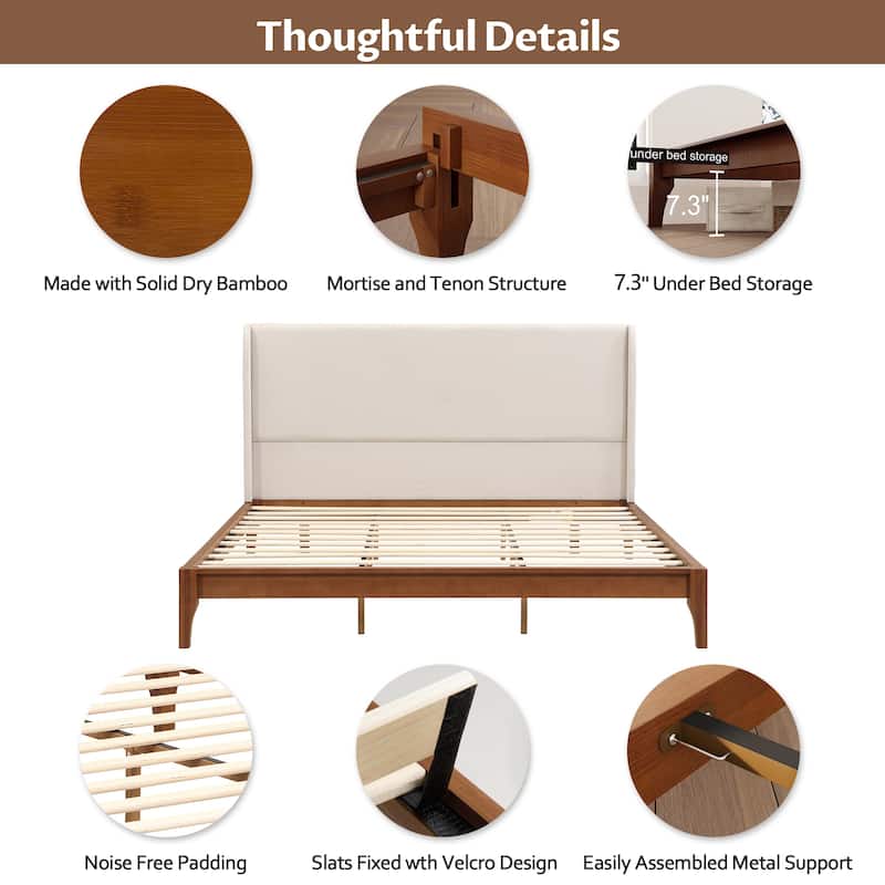 Solid Bamboo Wood Platform Bed with 48" Double Wing Upholstered Headboard