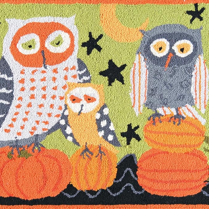 Hootenanny Owls Pumpkin Wool Halloween Hooked Rug
