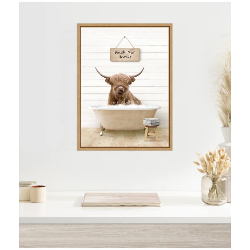 Kate and Laurel Sylvie Highland Cow in Modern Bathtub Wash Your Horns Framed Canvas by Amy Peterson