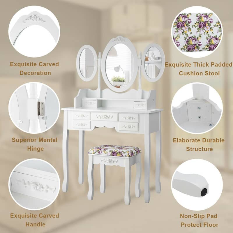Gymax Vanity Makeup Set W/7 Drawer Tri-Folding Mirror Dressing Table &