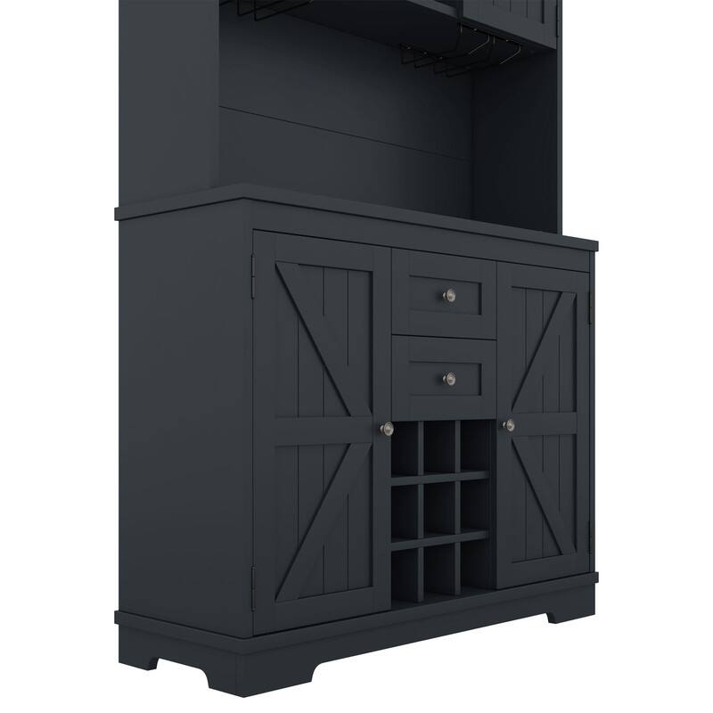 Farmhouse Home Bar Wine Storage Cabinet, Buffet Sideboard Kitchen Pantry with Adjustable Shelves, Drawers & Wine Glass Racks